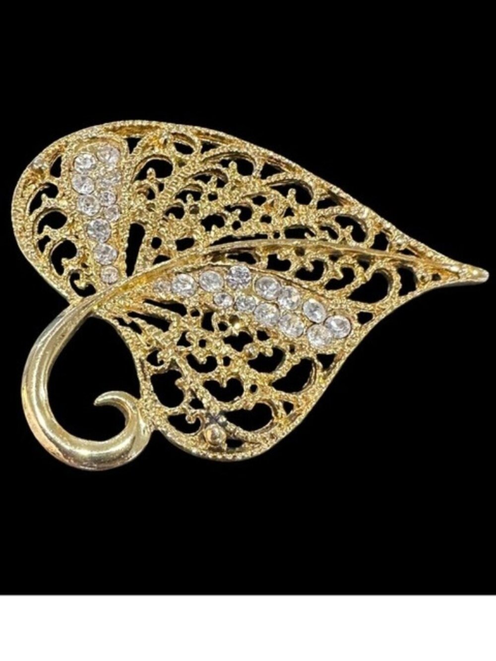 Gold Tone Leaf Brooch Pin With Rhinestone Accents Filigree Style